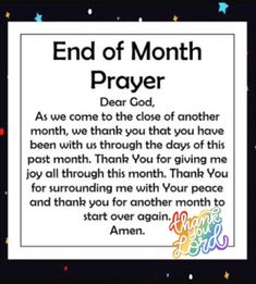 the end of month prayer card with stars and confetti on it, in black background