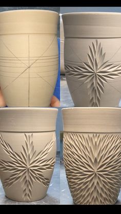 four different views of the same planter, one with an intricate design on it