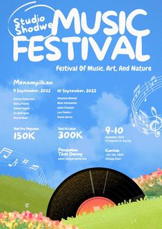 a poster for the festival with music and nature on it's back ground, in front of a blue sky