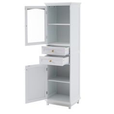 a white cabinet with two drawers and a mirror