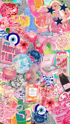 a collage of pink and blue items on a white background with stars, flowers, and other things