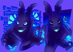 an image of some cartoon characters in purple and blue colors with neon lights on them