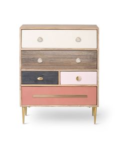 a chest of drawers with different colored drawers