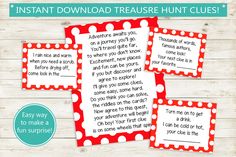 three red and white polka dot printables with the words instant download treasure hunt clues