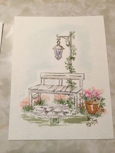 a watercolor painting of a bench and potted plants on a table with a lamp post in the background