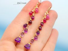 "THE JEWELRY IS SHIPPED via DHL EXPRESS (2-5 days delivery door to door). THE DHL SHIPPING COST IS INCLUDED IN THE PRICE. The Berry Punch Earrings - Solid Gold 14K Pink Purple Gemstone Earrings Cascade, Colorful Long Multi Gemstone Earrings ► Measurements / Details: - Length of the earrings including earwires: 2.5\" (~6.3 cm) *can be made shorter/longer per request - Gold: All the components are 14K SOLID GOLD (stamped on the earwires) ► Gemstones: The Earrings include excellent AAA quality gems Chip Jewelry, Purple Gemstones, Berry Punch, Electric Purple, Solid Gold Earrings, Magenta Pink, Rainbow Earrings, Ombre Color, Earrings Pink