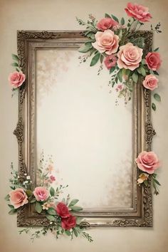 an ornate frame with pink flowers and greenery on the edges is shown in this photo