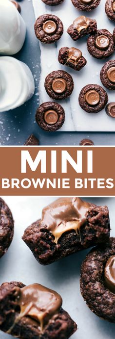 chocolate mini brownie bites with peanut butter on top and in the background are more cookies