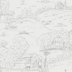 Pasture Toile Wallpaper in Taupe and Charcoal from the Simply Farmhouse Collection by York Wallcoverings Farmhouse Wallpaper, Toile Wallpaper, York Wallpaper, Drops Patterns, Hay Bales, W Wallpaper, York Wallcoverings, Woven Wallpaper, Rural Landscape