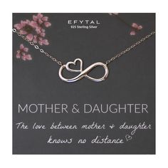 PRICES MAY VARY. Meaning: This infinity heart mother daughter necklace is the perfect way to celebrate your special and eternal bond. If you're looking for gifts for mom from daughter, look no further! Makes great new mom gifts or an excellent birthday gift for women. Length, Measurements, Materials: This dainty mom necklace for women is made of 925 Sterling Silver, and measures approximately 19". The unique infinity with embedded heart pendant with dainty chain is classy and timeless - perfect For Daughters From Mothers, Daughter Gifts From Mom, Birthday Gifts For Daughter, Gifts For Daughters, Mom Birthday Gifts, Mother To Daughter, Infinity Necklace Silver, Mother Daughter Jewelry, Mother Daughter Bracelets