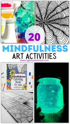 several different pictures with the words mindfulness art activities on them and images of various items