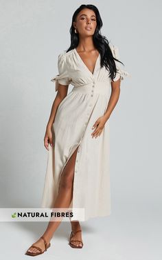 Avegail Midi Dress - V Neck Button Through Short Sleeve Dress in Bone | Showpo USA