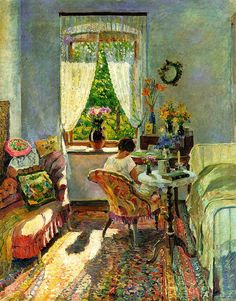 a painting of a woman sitting at a table in front of a window with a christmas tree on it