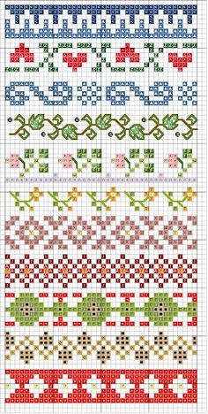 a cross stitch pattern with different colors and patterns on the bottom, one is red, green