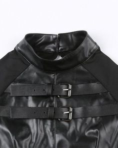 Details: Leather-feel jacket with front belt designTop Length: CroppedSleeve Length: Long SleevesMaterials: 95% Polyester + 5% Spandex Girl Punk, Patchwork Top, Black Goth, Leather Patchwork, Gothic Punk, Punk Style, Maxi Dresses Casual, Crop Top Blouse, Knitwear Cardigan