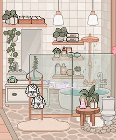 the bathroom is decorated in pastel colors and has plants on the shelves above the tub