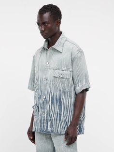 Upside-Down Denim Shirt (241-M4102-D003-DISTRESSED) Indigo Denim Short Sleeve Shirt, Indigo Short Sleeve Denim Shirt, Richard Quinn, Walter Van Beirendonck, 1017 Alyx 9sm, Blazer Vest, Leather Shorts, Jogger Jeans, Trouser Jeans