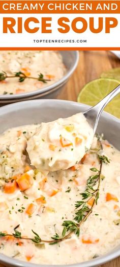 creamy chicken and rice soup in a bowl with a spoon full of the soup is ready to be eaten