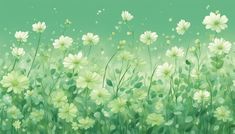 a painting of white flowers on a green background