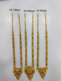 three gold necklaces are displayed on a white surface, with measurements for each piece