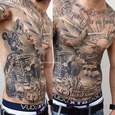 two men with tattoos on their stomachs and one has an image of the same car