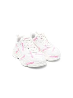 white/pink calf leather all-over logo print panelled design round toe front lace-up fastening double pull-tab at the opening chunky rubber sole