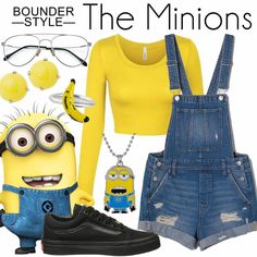 a woman in yellow shirt and denim overalls next to a minion with glasses