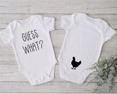 Guess What? Chicken Butt Funny Bodysuit  Short Sleeve or Long Sleeve available! These are Gerber brand which tend to run small or shrink.  Machine wash inside out, do not iron on design. **Due to the holidays and pandemic, shipments are very delayed. Please allow extra time for delivery. Priority mail is available, but is not a guarantee. Fun Baby Announcement, Baby Shopping, Cricut Baby, Thanksgiving Baby, Baby Planning, First Thanksgiving, Body Suit With Shorts, Saint Joseph, Diy Baby