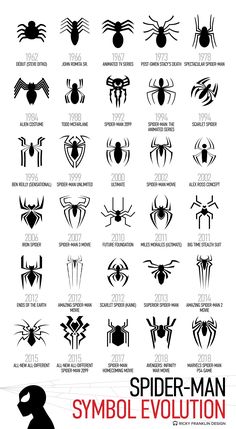 the spider man symbol is shown in black and white, as well as other symbols