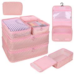 three pieces of pink and white striped suitcases with zippered compartments on each side