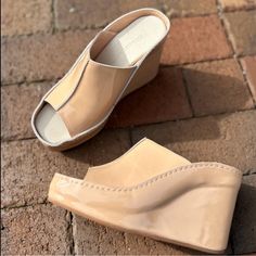 New In Box - Chocolat Blu Pearl Wedge In Nude Patent - Size 10 Platform Wedge 3.5" Heel, 1" Platform Leather Upper And Lining Jw Modern Beige High Heel Wedge Sandals, Modern Beige Platform Wedge Sandals, Platform Wedge, Womens Shoes Wedges, Platform Wedges, Leather Upper, Wedges, Loafers, Slip On