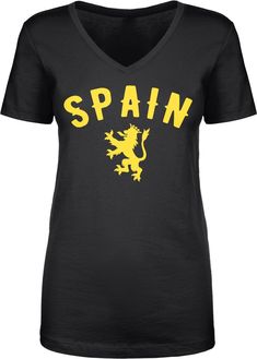 Show your Spanish pride We prefer to print this design on Next Level's LADIES Ideal T line which is 60% combed ringspun cotton/40% polyester (yes, that is the good soft stuff, not the cheap scratchy kind), but if those are not available from our supplier for the size and color you'd like we will use a comparable brand as a replacement to get you your item as soon as possible with the same quality and feel you've come to expect from Next Level. The design is printed and shipped in the USA. If you Novelty Clothing, No Heat, Sports Fan, Coat Of Arms, Soccer Jersey, Sizing Chart, Womens Clothing Tops, Cold Water, Tourism