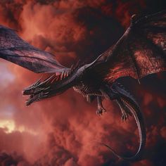 a dragon flying through the air with clouds in the backgrounnd and red light behind it