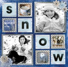 a snow themed scrapbook cover with photos and words in the shape of letters that spell out snow