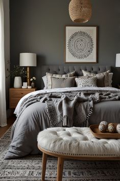 a bedroom with gray walls and white bedding in the center, along with an ottoman