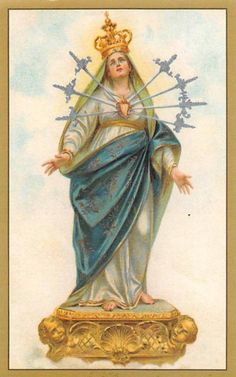 an image of the immaculate mary with four crosses on her head and arms, standing in front of a blue sky