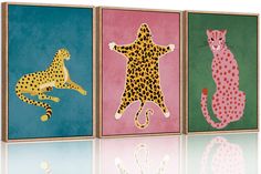 three paintings of different animals on canvases with one cat, the other leopard and the third giraffe