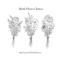 the birth flower tattoo is shown in black and white, with three flowers on each side