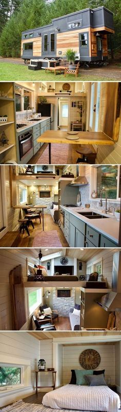 the interior and exterior of a tiny house with multiple rooms, including a kitchen, living room