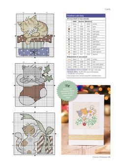 the cross stitch pattern is shown in four different colors and sizes, including one with a cat