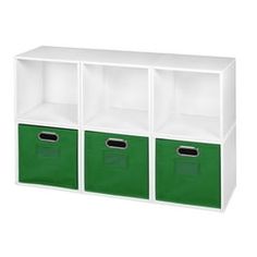 white and green storage unit with three bins