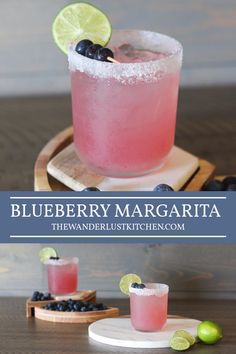 the blueberry margarita is served in a glass with ice and garnishes