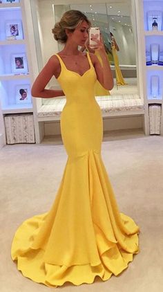 Yellow Prom Dress Mermaid, Yellow Satin Prom Dress, Dress Fancy, Winter Formal Dresses, Yellow Dresses, Prom Dresses Yellow, Sweet Clothes, Satin Dress Long, Dream Dresses