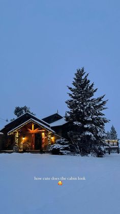 a house covered in snow with christmas lights on it's roof and trees around