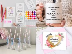 a collage of pictures including cards, cups and pencils with writing on them