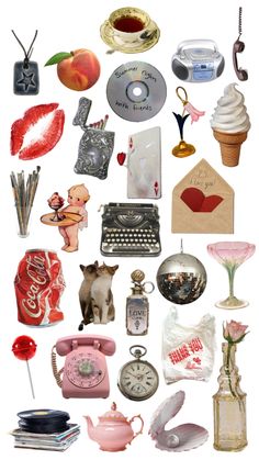 an assortment of assorted items are shown in this collage, including telephones and other objects