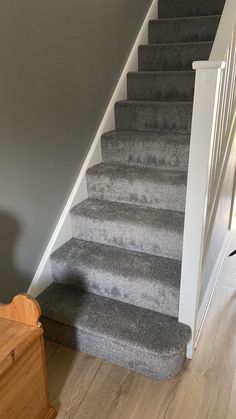 the carpeted stairs in this house have been cleaned and painted gray with white trim