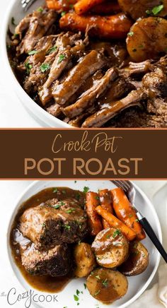 a plate with meat, potatoes and carrots in gravy next to the words crock pot roast