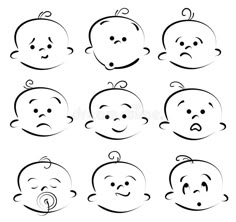 cartoon baby faces drawn in black and white with different expressions, including one crying or looking at the viewer