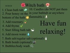 a green poster with words describing how to use witch bath